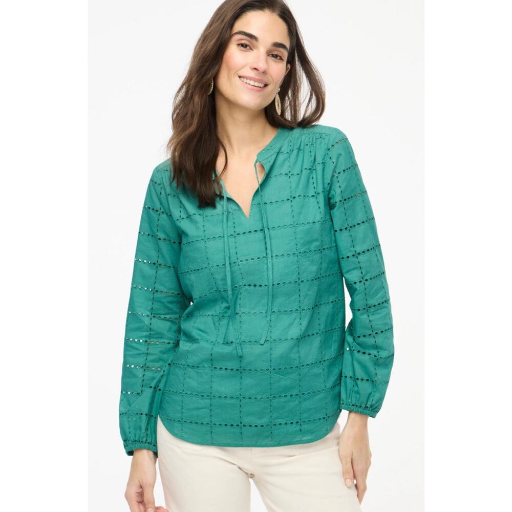 NWT J. Crew Womens Top‎ Long Sleeve Eyelet Tie Neck Pullover Cotton Green Size L